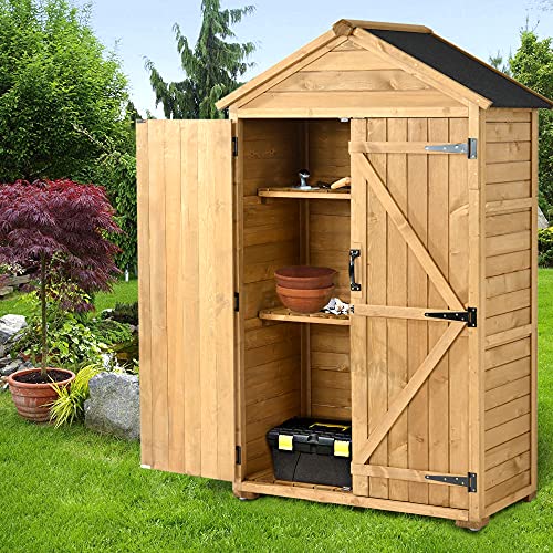 Outdoor Storage Cabinet, Wood Tool Garden Shed, with Waterproof Roof, Detachable Shelves, Double Lockable Doors for Outside, Yard, Deck Patio, Lawn