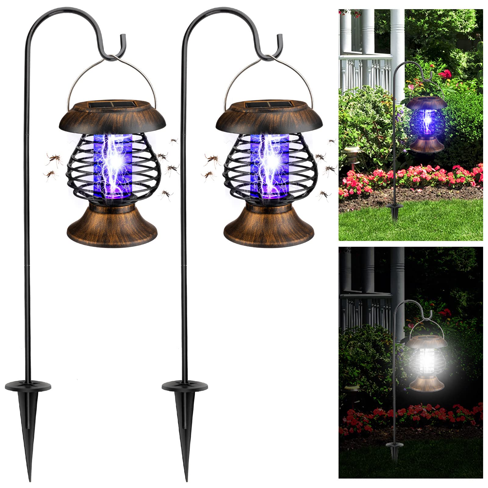 Qualirey Solar Bug Zapper Outdoor Waterproof Mosquito Repellent Outdoor Solar Mosquito Zapper Antique Bronze Plastic Ring Bug Lights Insect Mosquito Killer Lamp (Hanging, 2 Pcs)