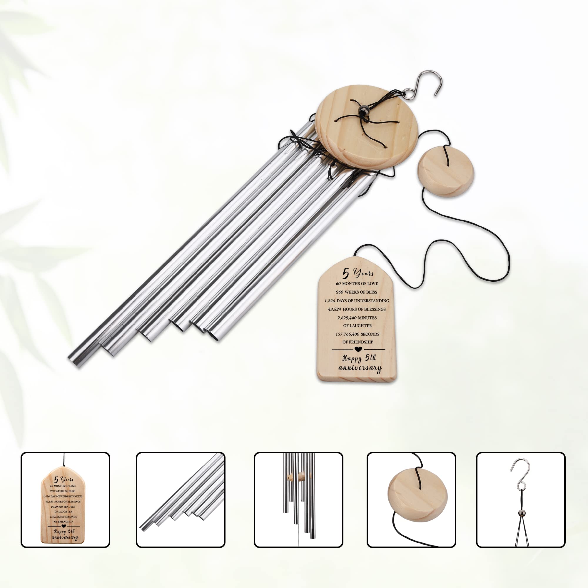 5 Years Anniversary Wind Chime, Happy 5th Anniversary Gift, 5 Years of Marriage, Wood Wedding Anniversary Keepsake for Couples Husband Wife, Valentines Day Gifts for Him Her, 5 Years Down