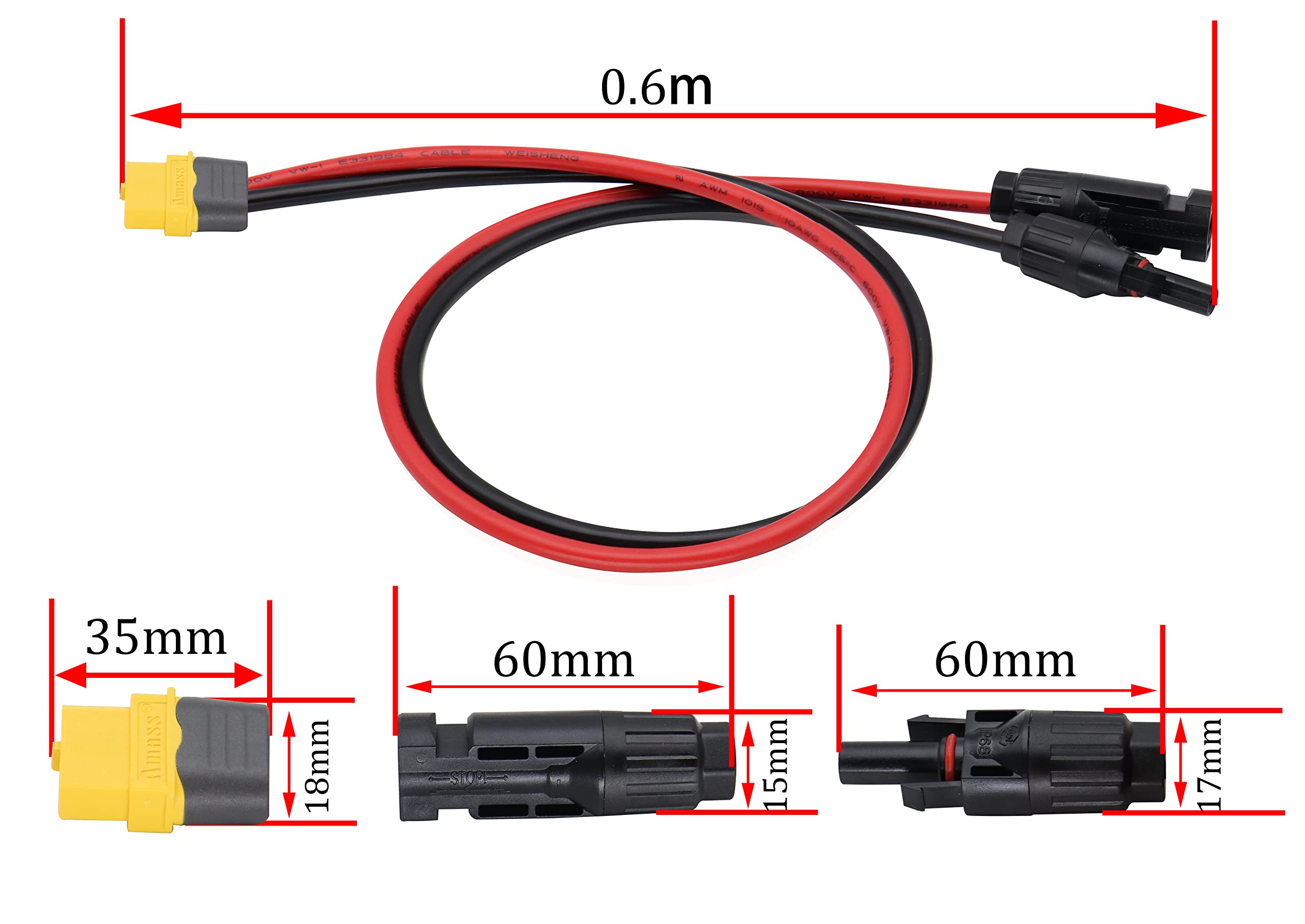 HCFeng XT60 to M-C-4 Solar Charge Adapter Cable,12AWG Power Solar Male Female Connector to XT60 Adapter Extension Cable for Battery Pack, Portable Power Station, Solar Generator[0.6M/2FT]