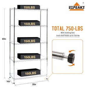 EZPEAKS Chrome 5-Shelf Shelving Unit with Shelf Liners Set of 5, Adjustable, Steel Wire Shelves, 150lbs Loading Capacity Per Shelf, Shelving Units and Storage for Kitchen and Garage (30W x 14D x 60H)