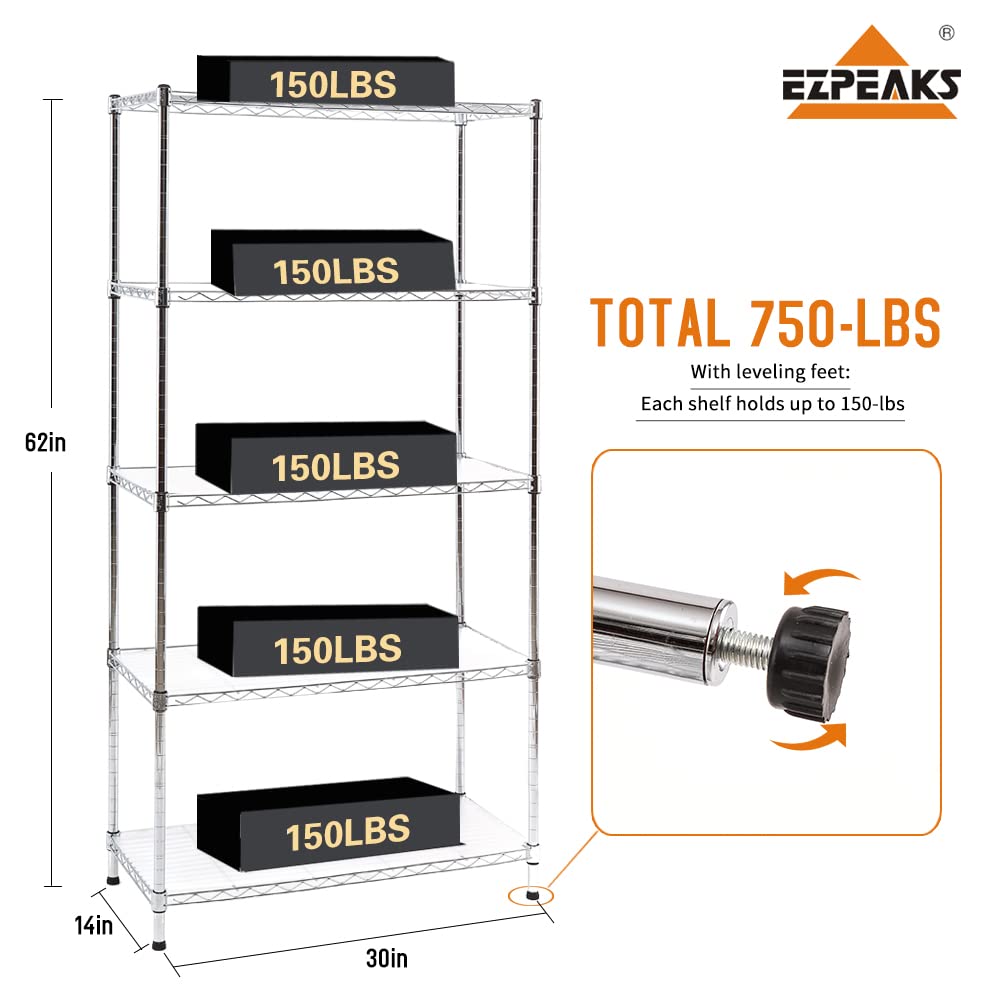 EZPEAKS Chrome 5-Shelf Shelving Unit with Shelf Liners Set of 5, Adjustable, Steel Wire Shelves, 150lbs Loading Capacity Per Shelf, Shelving Units and Storage for Kitchen and Garage (30W x 14D x 60H)