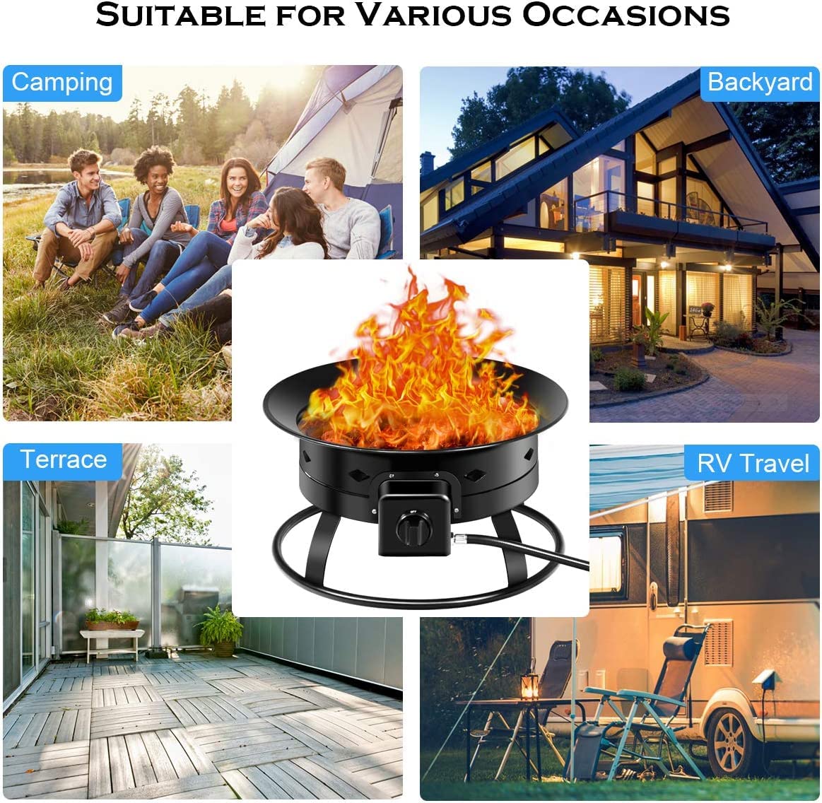 Renatone 58,000 BTU Propane Fire Bowl, 19 Inch Outdoor Camping Fire Bowl with PVC Cover, Tank Stabilizer Ring, Handles, Smokeless Fire Pit for RV, Camping, Backyard