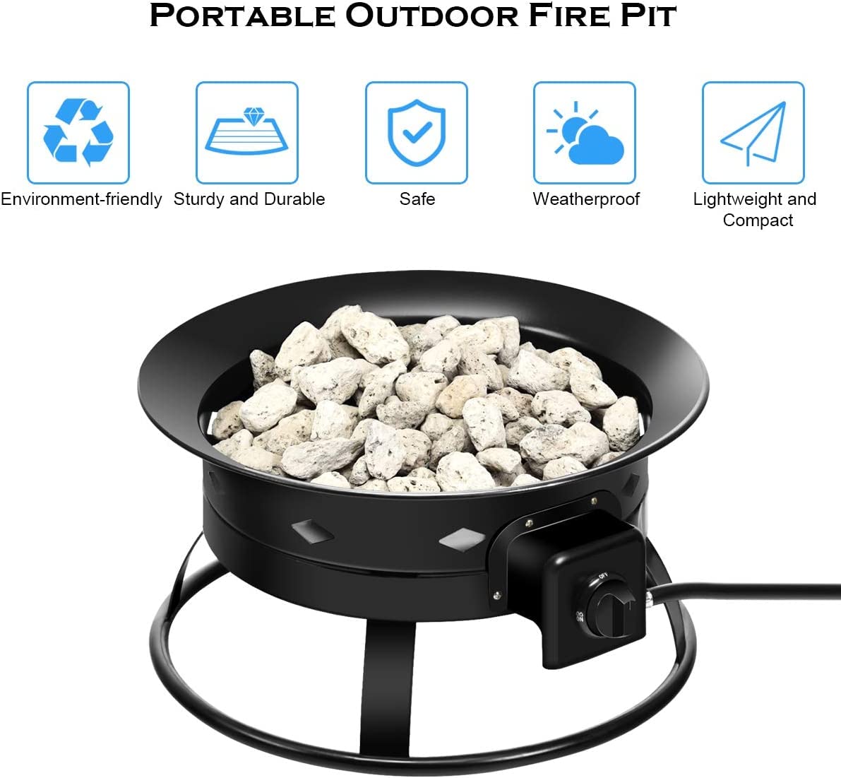 Renatone 58,000 BTU Propane Fire Bowl, 19 Inch Outdoor Camping Fire Bowl with PVC Cover, Tank Stabilizer Ring, Handles, Smokeless Fire Pit for RV, Camping, Backyard