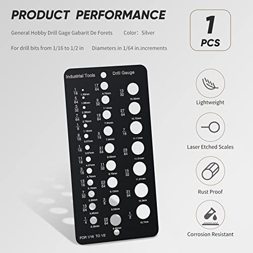 Weewooday Stainless Steel Drill Gauges for 1/16 Inch to 1/2 Inch Size Bits, 17/64-1/2 0.062-0.250 Bolt and Wire Diameter Index Gauge, 29-Hole Use for Accurate Measurement Equivalents(Black)