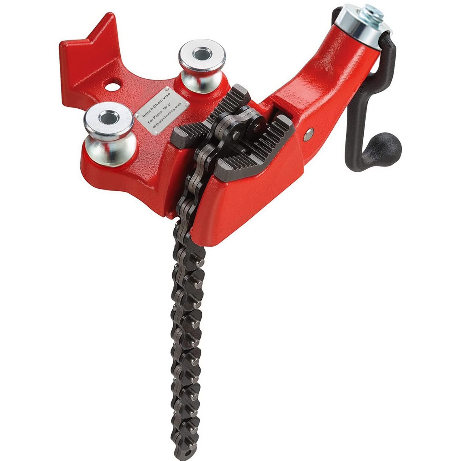 VEVOR Screw Bench Chain Vise | 1/8"-5" Pipe Capacity | Heavy Duty Pipe Chain Vise with Crank Handle | Neoprene-Coated Jaw | Durable Cast Iron Material | Ideal for Various Pipes