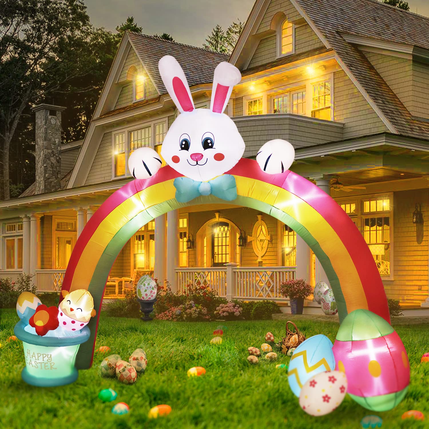 OurWarm 10FT Easter Inflatables Outdoor Decorations, Easter Bunny Decor Colorful Eggs Archway Inflatable with 7 LED, Easter Blow Up Yard Decorations for Holiday Party, Lawn, Outdoor Easter Decorations