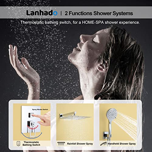 Lanhado Shower System 12" Thermostatic Bathroom Shower Head Overhead Shower System Multi-function Overhead Rain Shower System Shower Head Trim Kit Polished Chrome