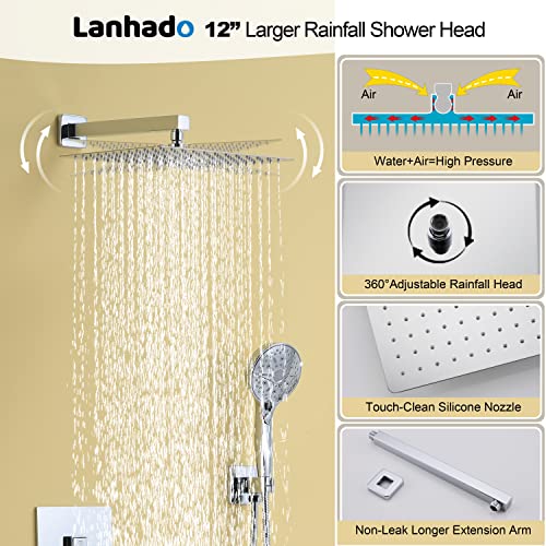 Lanhado Shower System 12" Thermostatic Bathroom Shower Head Overhead Shower System Multi-function Overhead Rain Shower System Shower Head Trim Kit Polished Chrome