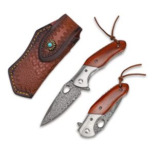stanbik damascus pocket knife with sheath,3.1 inch damascus steel folding knife，sandalwood handle,edc pocket knives for hiking camping.