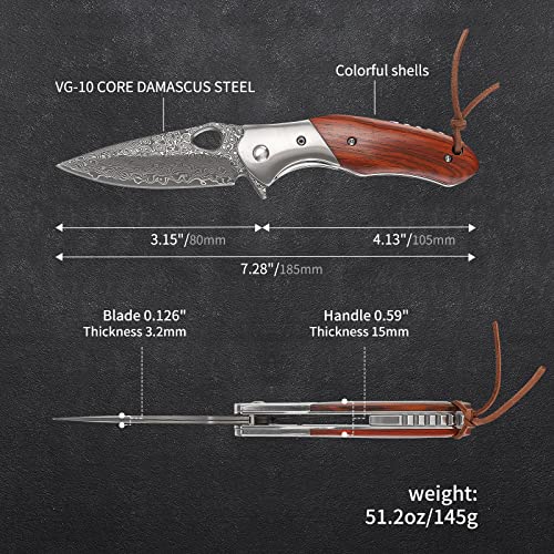 STANBIK Damascus Pocket Knife with Sheath,3.1 inch Damascus Steel Folding Knife，Sandalwood Handle,EDC Pocket Knives for Hiking Camping.