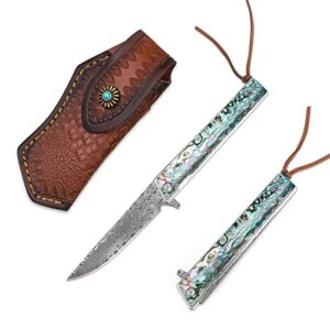 stanbik damascus pocket knife with sheath,abalone shell handle with 3.54" damascu blade,edc folding knives for camping fishing hiking outdoor work.