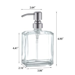 Kmeino Square Clear Glass Dish Soap Dispenser, Antique Design Refillable Hand Soap Dispenser with Rust Proof Stainless Steel Pump, 13.5 oz Lotion Dispenser for Bathroom Vanity, Kitchen Countertop