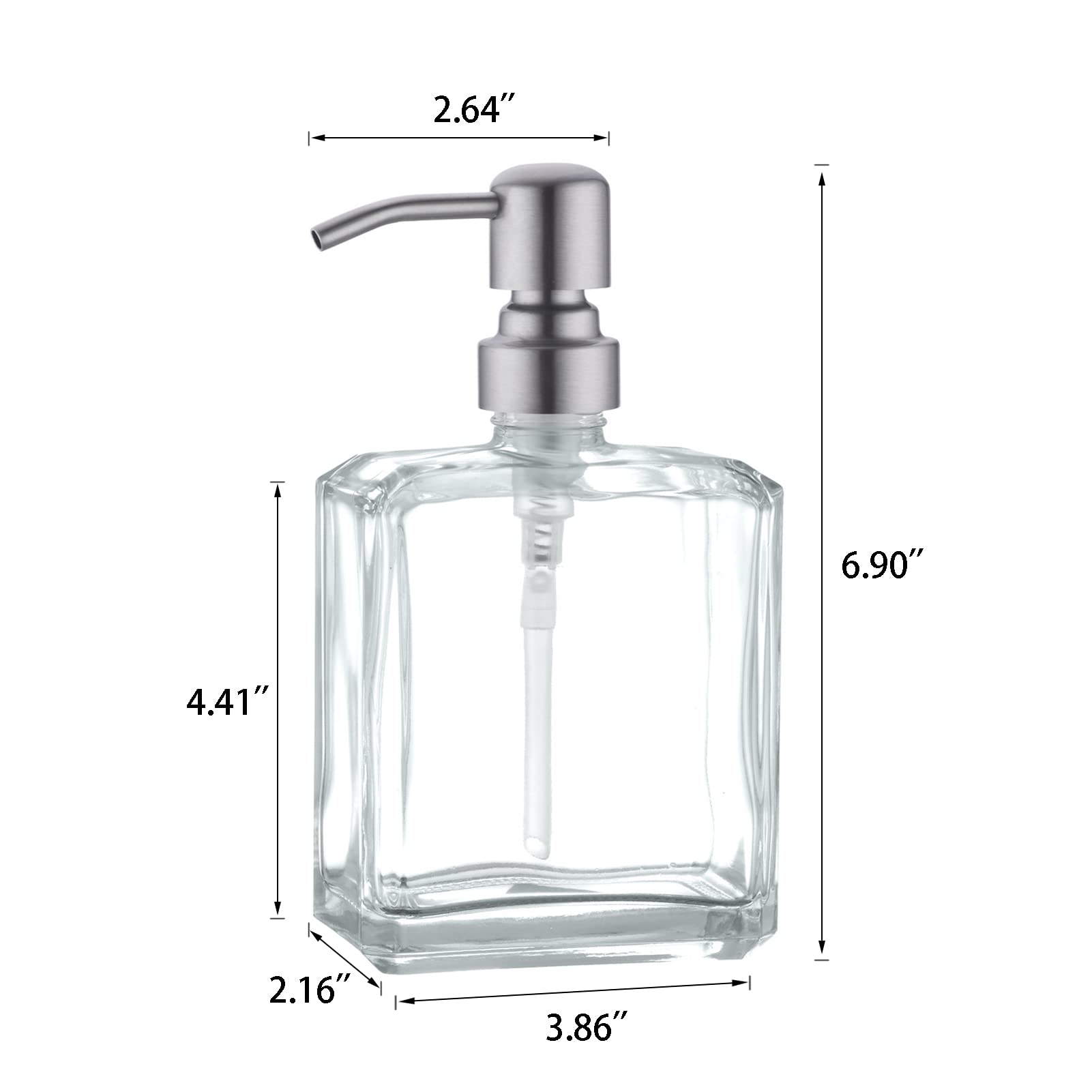 Kmeino Square Clear Glass Dish Soap Dispenser, Antique Design Refillable Hand Soap Dispenser with Rust Proof Stainless Steel Pump, 13.5 oz Lotion Dispenser for Bathroom Vanity, Kitchen Countertop