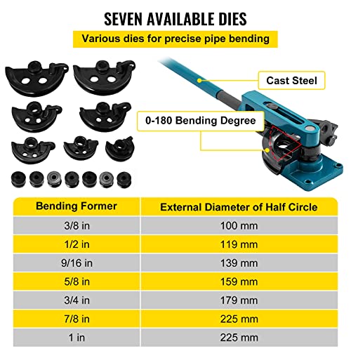 VEVOR Pipe Tube Bender, 3/8" to 1" Manual Pipe Tube Bender, with 7 Dies, Heavy Duty Tube Bender Tubing of Steel Metal Copper, for Repair Shops, Blue