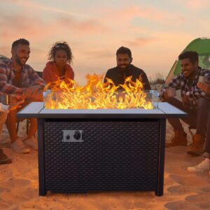 45 Inch Fire Table for Outside 60000 BTU Steel Gas Fire Pit Outdoor Fire Pit Table with Woodgrain Marble Tabletop Glass Wind Guard Cover and Blue Crystal Beads