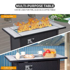 45 Inch Fire Table for Outside 60000 BTU Steel Gas Fire Pit Outdoor Fire Pit Table with Woodgrain Marble Tabletop Glass Wind Guard Cover and Blue Crystal Beads