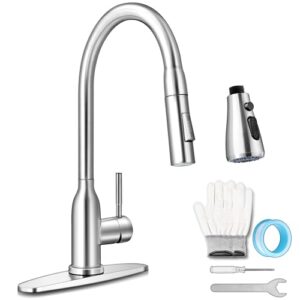 homikit kitchen faucet with 2 pull down sprayers, brushed nickel 18/10 stainless steel kitchen sink faucets, single handle high arc kitchen faucets for farmhouse rv bar laundry