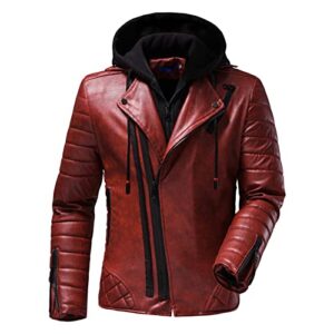 maiyifu-gj men's faux leather biker jacket vintage asymmetric zip motorcycle jackets pu lightweight coat with removable hood (red,x-large)