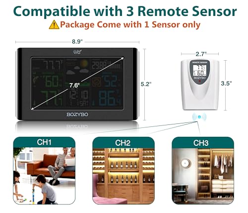 BOZYBO Weather Station Wireless Indoor Outdoor Thermometer: Digital Weather Thermometer with Atomic Clock Temperature Humidity Monitor with Calendar Adjustable Backlight and Calendar