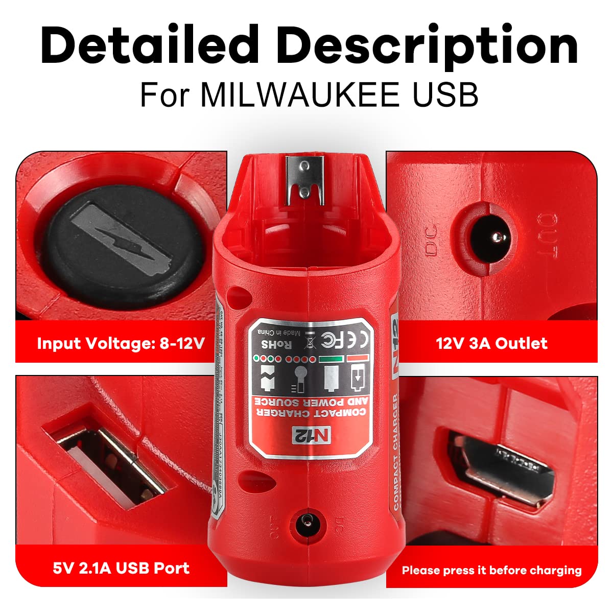 DONGPUCUN M12 Power Source Replacement for Milwaukee 12V Battery with with 2.1A Wall Plug, USB Port & DC 12V Outlet Portable Heated Jacket Battery Adapter for Milwaukee