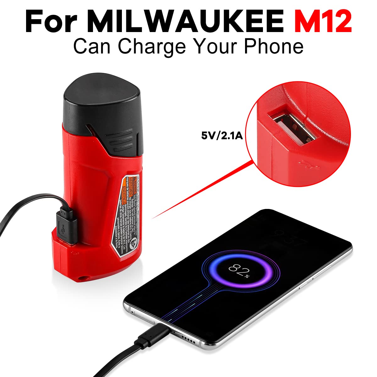 DONGPUCUN M12 Power Source Replacement for Milwaukee 12V Battery with with 2.1A Wall Plug, USB Port & DC 12V Outlet Portable Heated Jacket Battery Adapter for Milwaukee