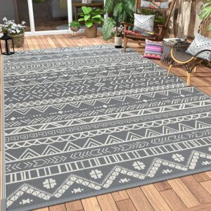 mcow 6'x9' boho outdoor rugs for patios, waterproof plastic straw rug, reversible rv area mat clearance for outside, camping, deck, camper, porch, balcony, backyard, picnic, grey&white
