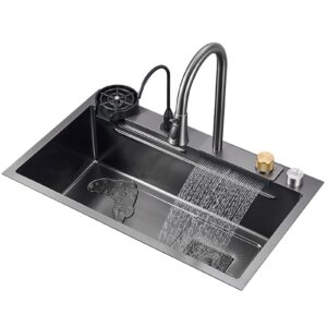 kitchen sink,new stainless steel waterfall sink,bar sink, 304 stainless steel sink, with cup washer sinks, drop-in or undermount installation (color : black-grey, size : 80x45x20cm)