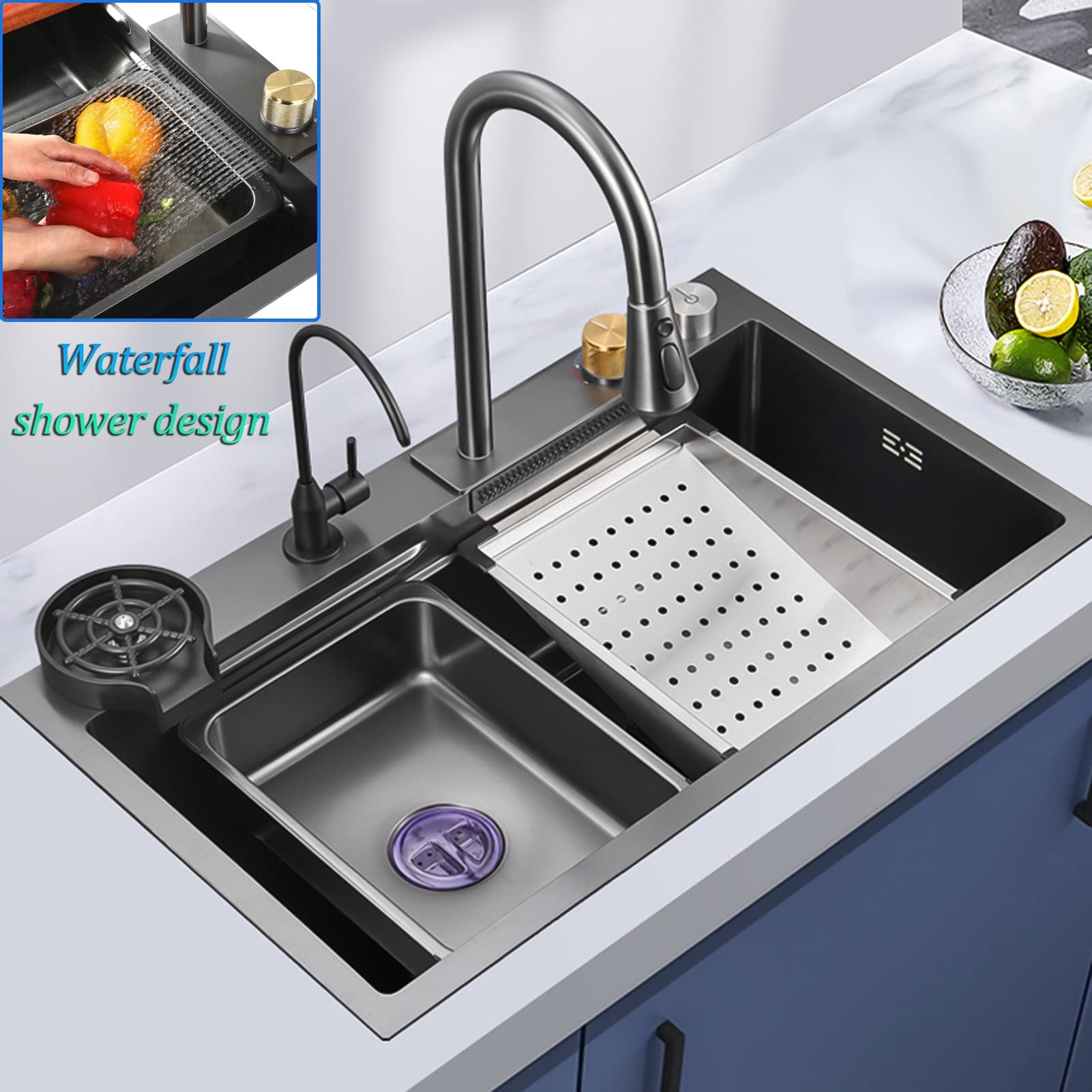 Kitchen Sink,New Stainless Steel Waterfall Sink,Bar Sink, 304 Stainless Steel Sink, with Cup Washer Sinks, Drop-in Or Undermount Installation (Color : Black-Grey, Size : 80x45x20cm)