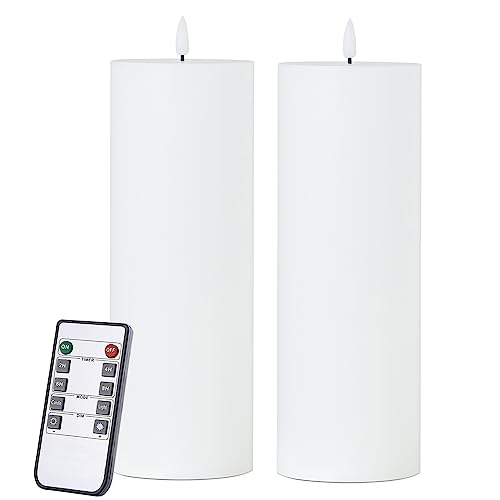 volnyus White Flameless Candles Set of 2 (3x9 inch) Flickering LED Wax Candles Battery Operated with Remote Control Timers for Fall Decor/Night Light/Fireplace/Party Dimmable Pillars Flat top