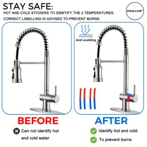 Danojo-Stick-A-Tap,4 pcs, Faucet Stickers, Hot and Cold Water Stickers - Kitchen Faucet Stickers - Vinyl Tap Faucet Transfer Stickers for Bathroom ((H & C - Strip))