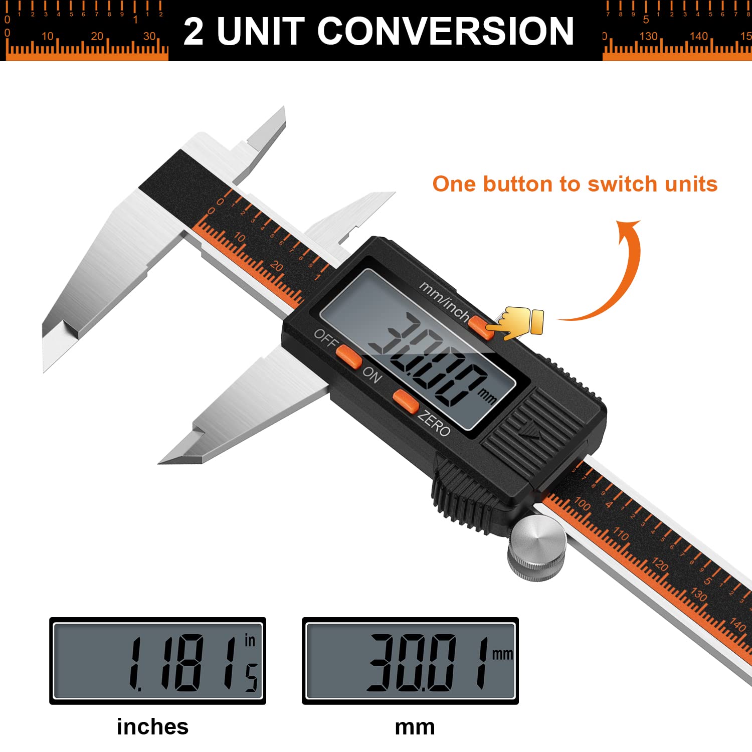 HARDELL Digital Caliper, 6 Inch Stainless Steel Caliper Measuring Tool with Large LCD Screen, Electronic Micrometer Caliper Digital Inch/Millimeter Conversion, Automatic Off(Ruler & 2 Batteries)