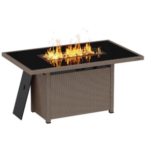 east oak 52'' propane fire pit table, 60,000 btu gas firepit w/large tempered glass tabletop, csa certified outdoor patio fire table with 9.2 lbs glass stone & removable lid, chocolaty coffee