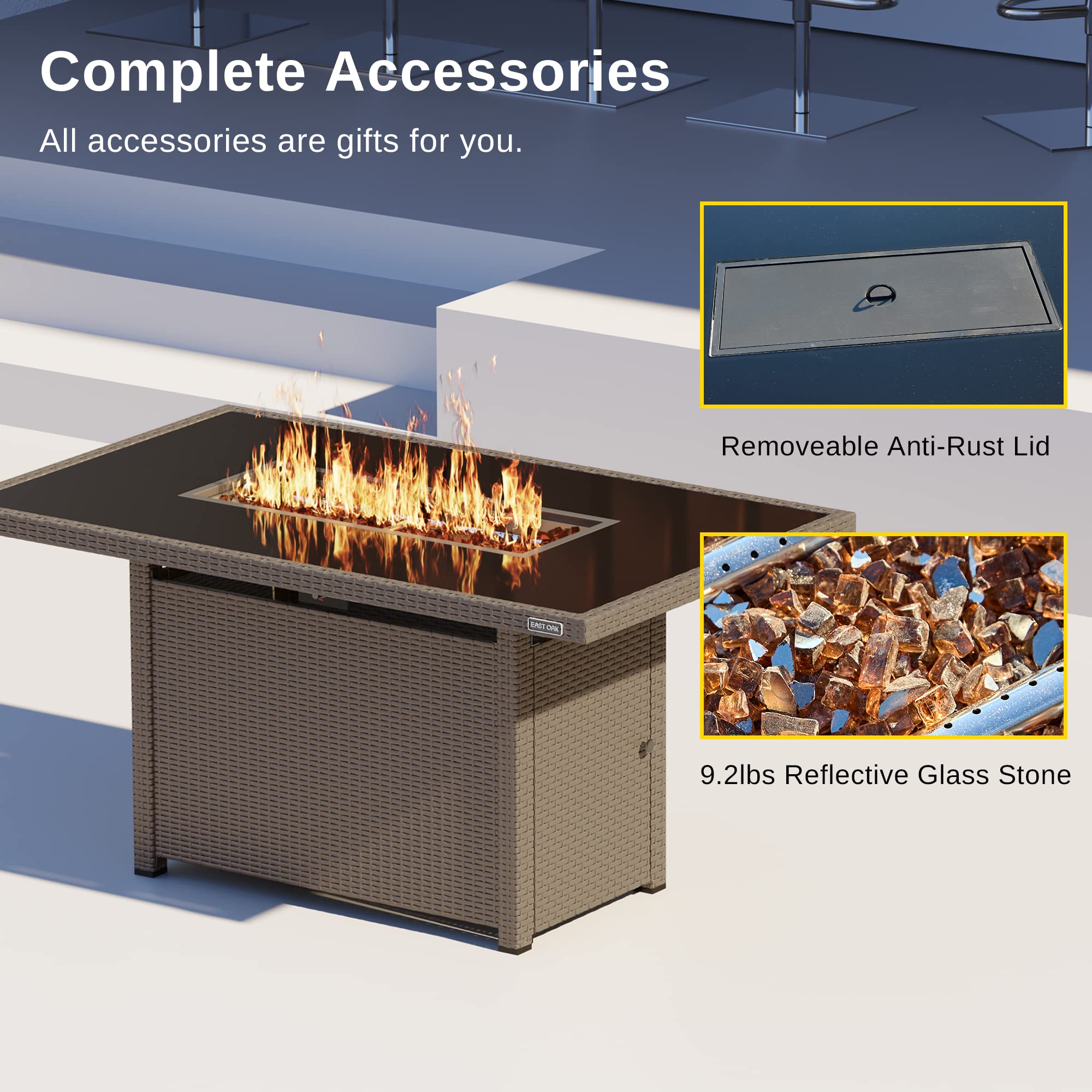 EAST OAK 52'' Propane Fire Pit Table, 60,000 BTU Gas Firepit W/Large Tempered Glass Tabletop, CSA Certified Outdoor Patio Fire Table with 9.2 lbs Glass Stone & Removable Lid, Chocolaty Coffee