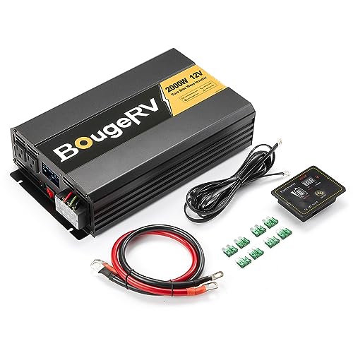 BougeRV Pure Sine Wave Inverter 2000W Convert DC 12V to AC 120V, with LCD Digital Displayer, Wired Remote Controller, for Off-Grid Solar Power System, RV, Home Backup Power