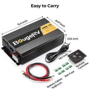 BougeRV Pure Sine Wave Inverter 2000W Convert DC 12V to AC 120V, with LCD Digital Displayer, Wired Remote Controller, for Off-Grid Solar Power System, RV, Home Backup Power