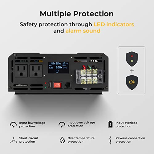 BougeRV Pure Sine Wave Inverter 2000W Convert DC 12V to AC 120V, with LCD Digital Displayer, Wired Remote Controller, for Off-Grid Solar Power System, RV, Home Backup Power