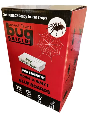 Bug Shield Sticky Glue Traps 72 Glue Boards, All Types of Incets, Spiders, Cockroaches, Ants, Cave Crickets, and More. Professional Strength Glue.