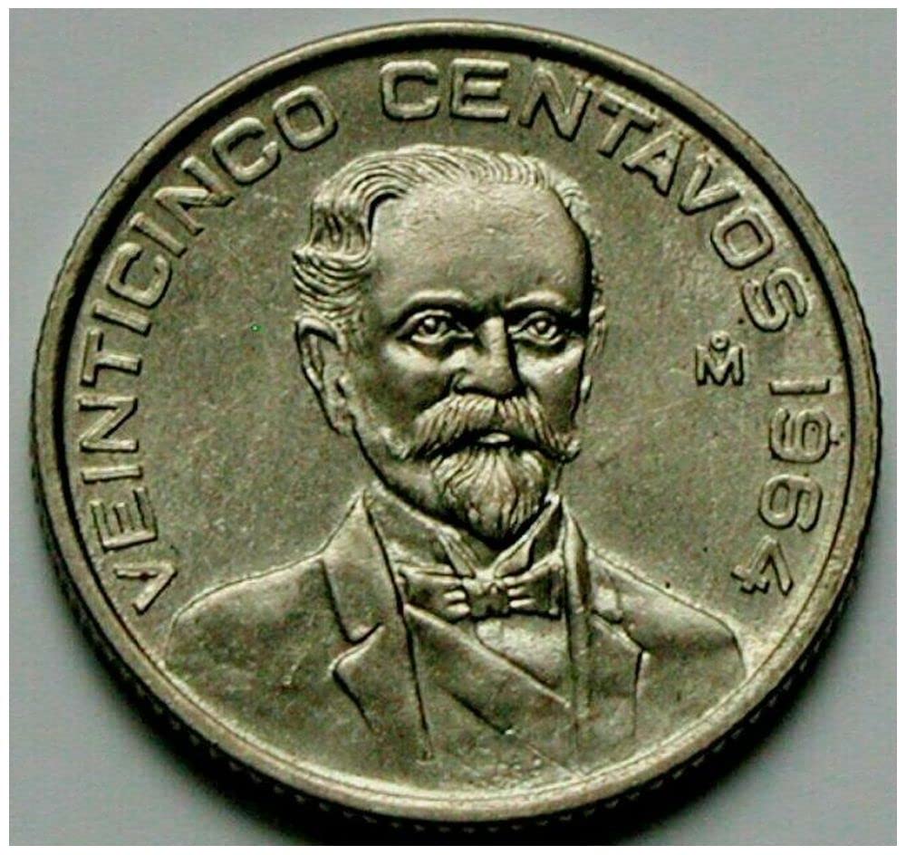 1964 M 1964 COIN w FRANCISCO MADERA, REVOLUTIONARY LEADER/PRESIDENT of MEXCO ("APOSTLE OF DEMOCRACY") 25 Centavos Seller AU (Nearly Uncirculated)