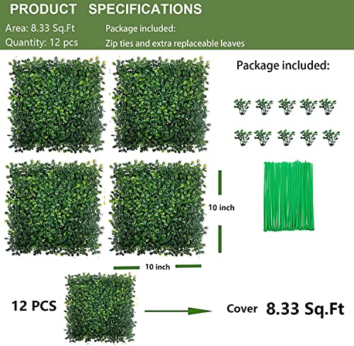 KASZOO Grass Wall 12 Pack 10"x10" Artificial Boxwood Hedge Wall Panels, Privacy Hedge Screen Faux Boxwood for Outdoor,Indoor,Garden,Fence,Backyard,Greenery Walls