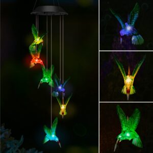 solar hummingbird wind chimes 30" with color change for patio, party, garden decoration, wind chime as a gift for mom, grandmother, wife, women, ipx4 hanging led memorial wind chimes for unisex