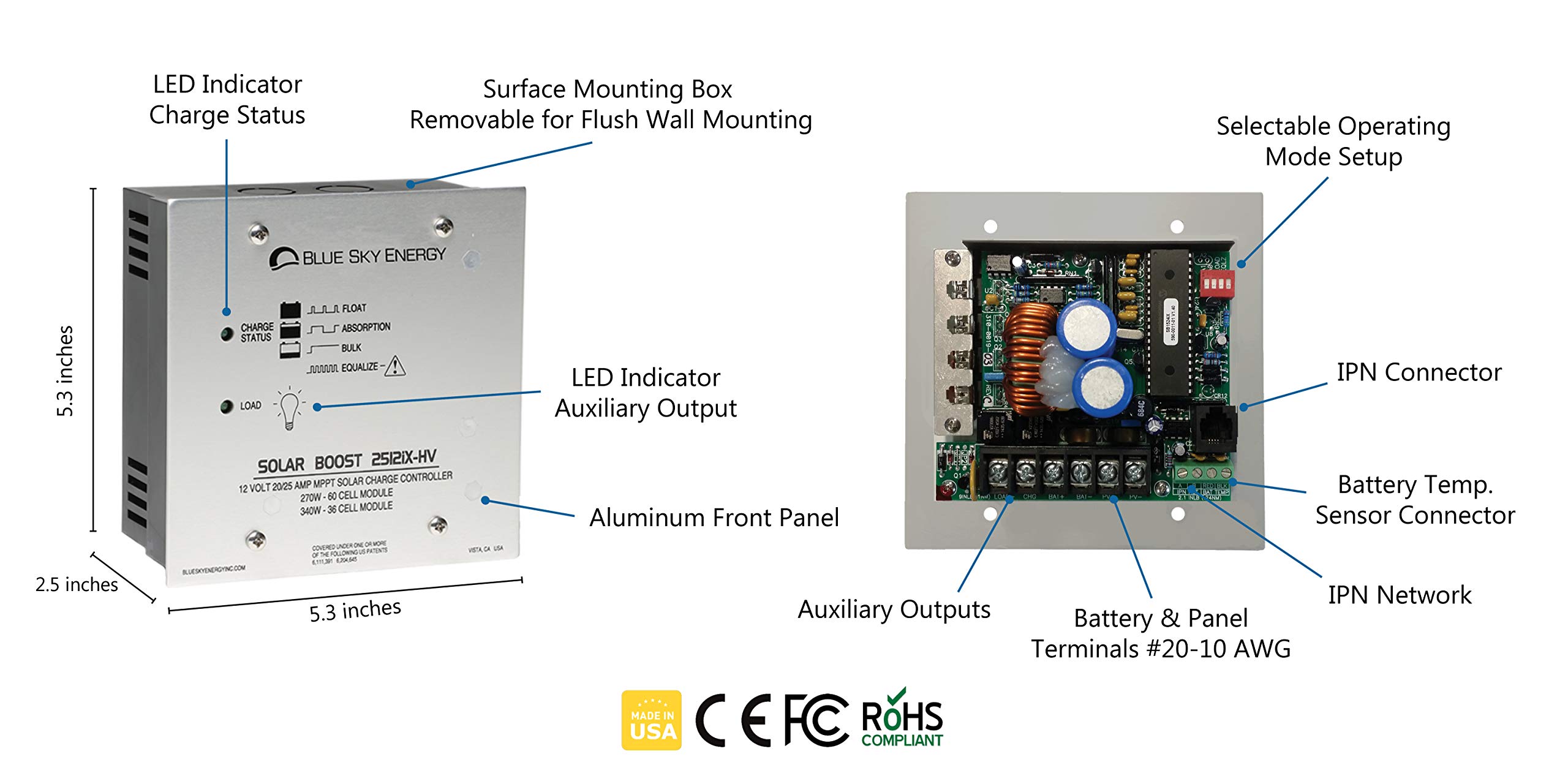 Blue Sky Energy Solar Boost SB2512iX-HV-Li, 25A MPPT Solar Charge Controller for 4S LiFePO4 Batteries. Auxiliary Output for Dual Battery Charge or 25A LVD Load Output