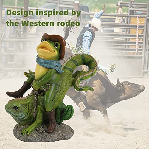 OSROENE Frog Statues Garden Decor, Cowboy Frog Riding Green Lizard Figurine Outdoor Indoor Decoration Animal Statues for Garden Balcony Front Porch Patio Yard