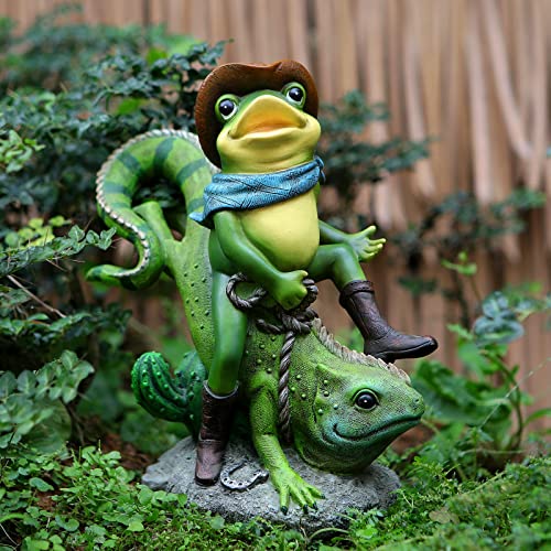 OSROENE Frog Statues Garden Decor, Cowboy Frog Riding Green Lizard Figurine Outdoor Indoor Decoration Animal Statues for Garden Balcony Front Porch Patio Yard