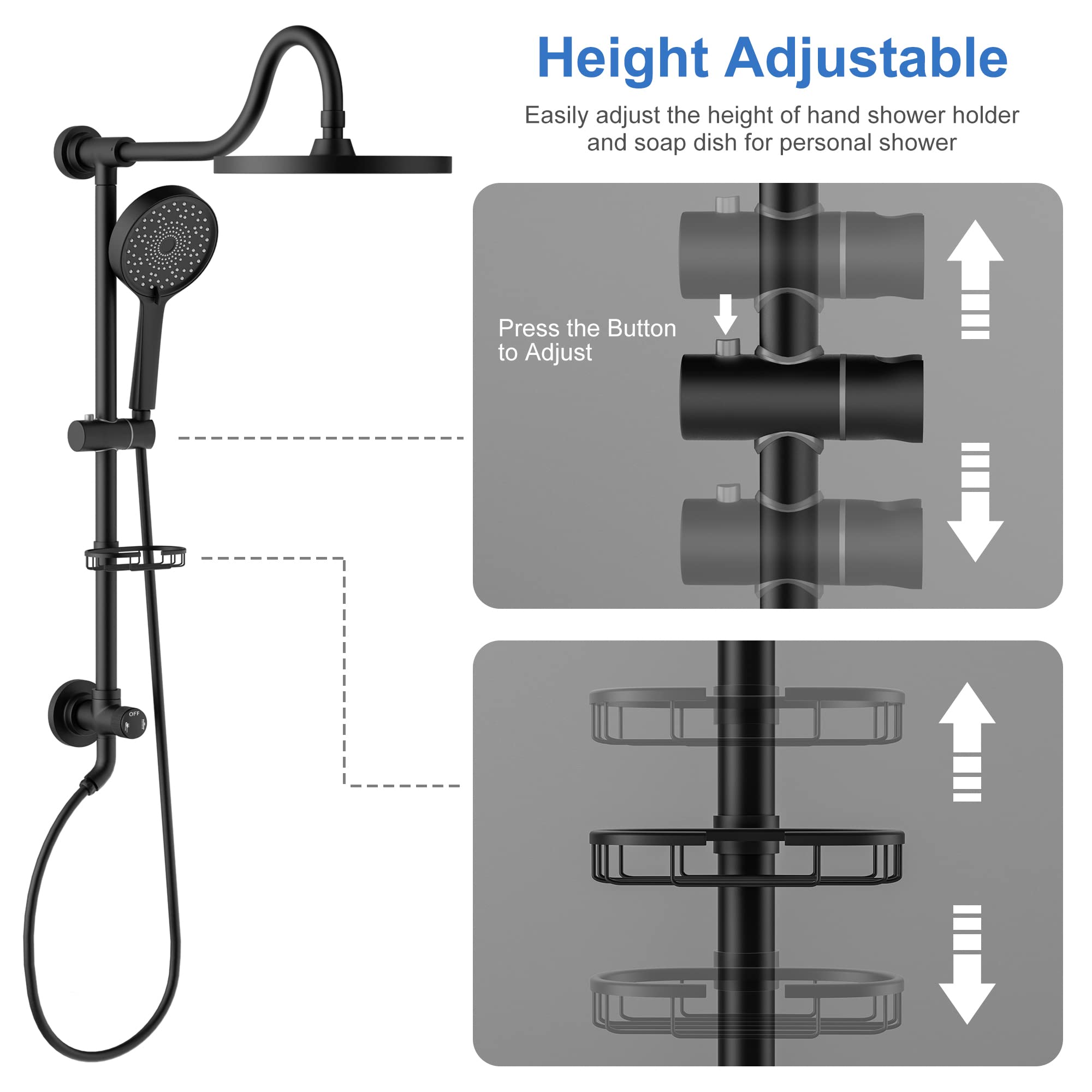 Tearel 9 Inches Rainfall Shower Head and Handheld Showerhead Combo Shower System with Slide Bar, Matte Black