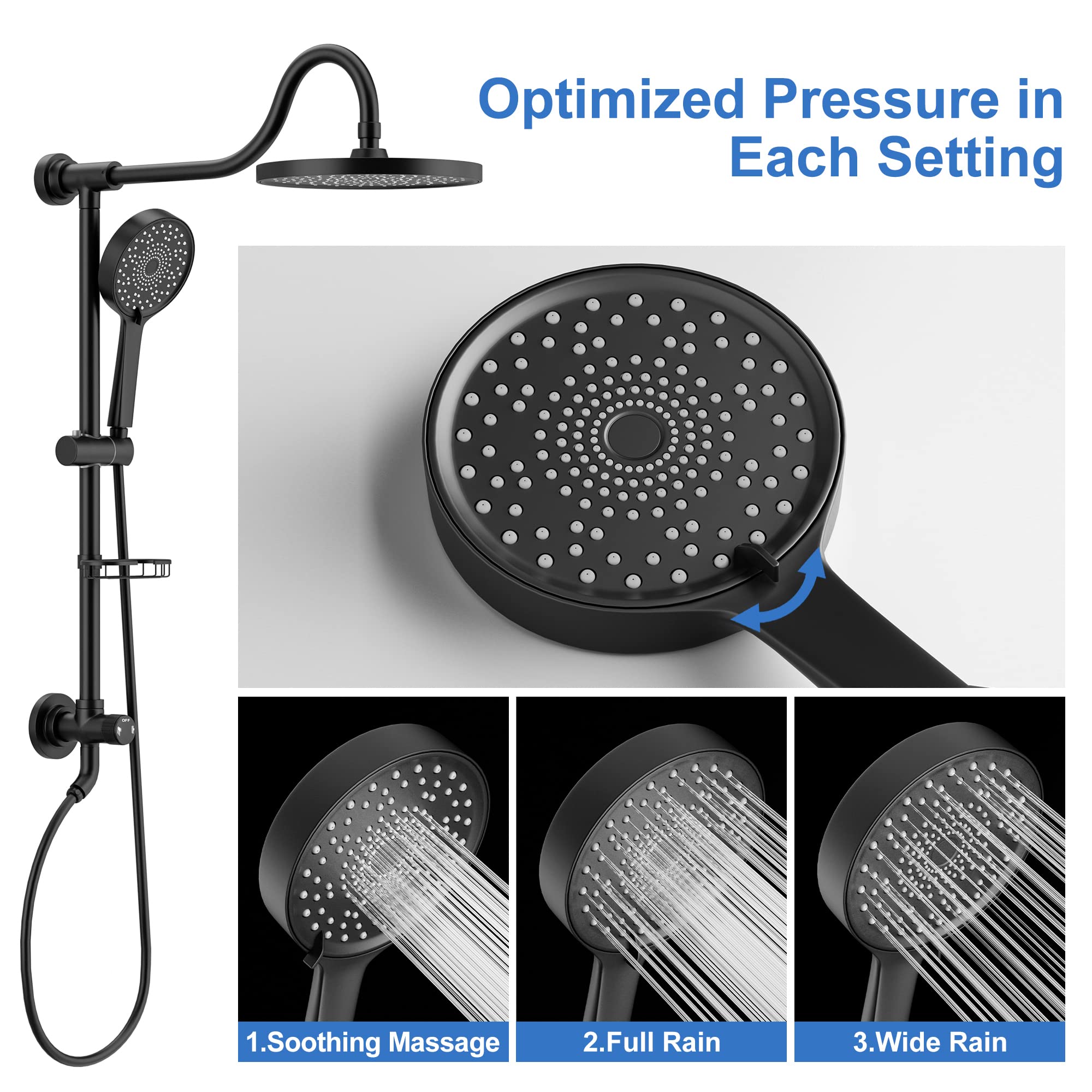 Tearel 9 Inches Rainfall Shower Head and Handheld Showerhead Combo Shower System with Slide Bar, Matte Black