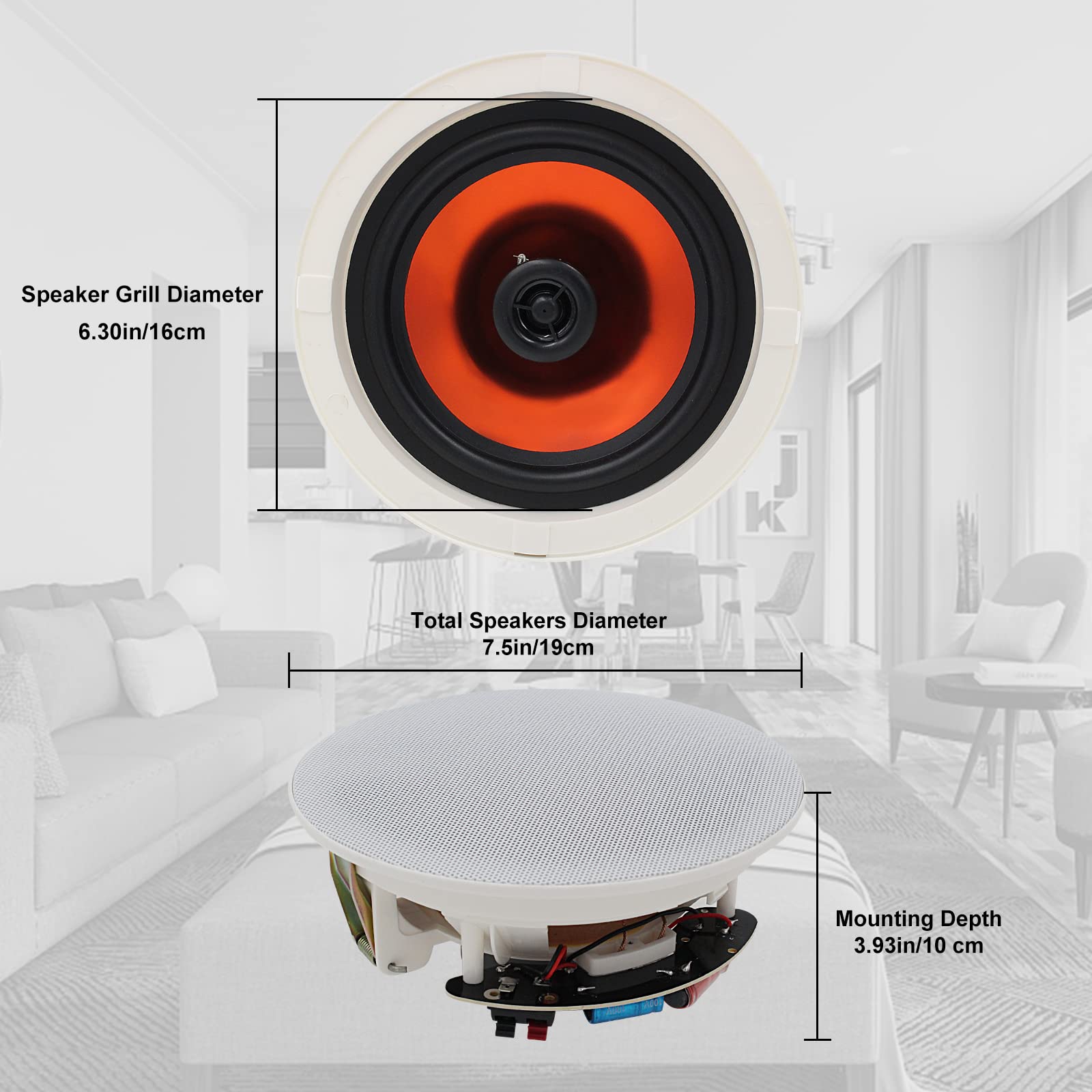 Herdio 6.5” Flush Mount in-Ceiling Speakers Passive Speaker System 150 Watts Perfect for Humid Indoor Outdoor, Kitchen,Bedroom,Bathroom,Covered Porches(Single)