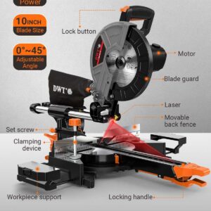 DWT Sliding Compound Miter Saw with 3 Blades, 15A 10", Double Speed (4500 RPM & 3200 RPM), Bevel Cut (0°-45°) with Laser, Extension Table, Iron Blade Guard, Cutting Wood, PVC or Soft Metal