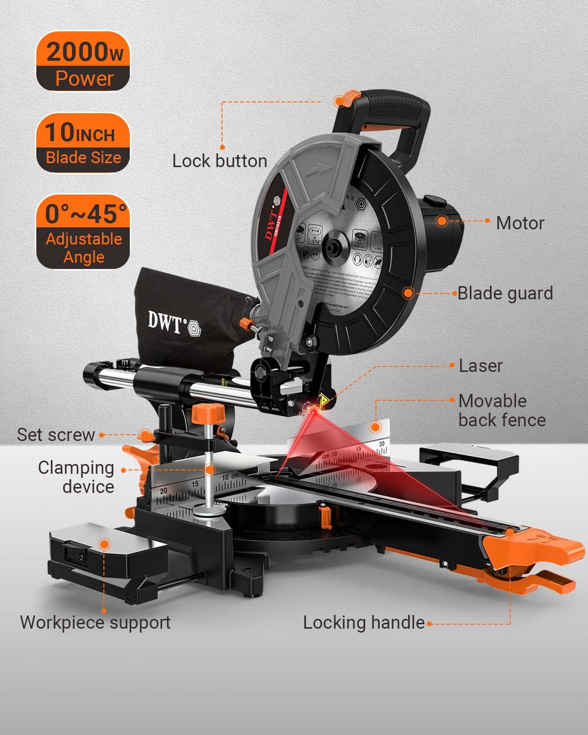 DWT Sliding Compound Miter Saw with 3 Blades, 15A 10", Double Speed (4500 RPM & 3200 RPM), Bevel Cut (0°-45°) with Laser, Extension Table, Iron Blade Guard, Cutting Wood, PVC or Soft Metal