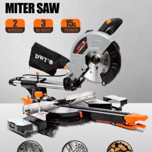 DWT Sliding Compound Miter Saw with 3 Blades, 15A 10", Double Speed (4500 RPM & 3200 RPM), Bevel Cut (0°-45°) with Laser, Extension Table, Iron Blade Guard, Cutting Wood, PVC or Soft Metal